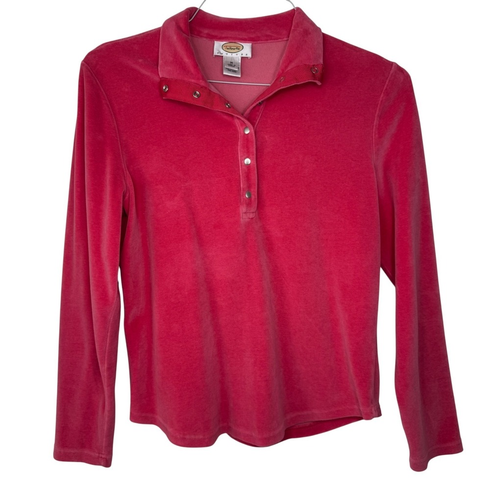 Talbots Pink Velour Quarter Snap Pullover Top Womens Medium Petite‎ Long Sleeve